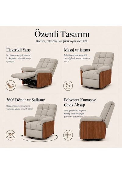 Smarto Relax Porto Tv Koltuğu Elektrikli Masajlı Isıtmalı Ahşap Yan Panelli Polyester Kumaş Baba Koltuğu Bej