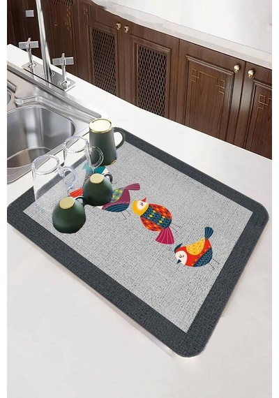 Gri Papağanlı Microfiber Bulaşık Kurutma Kurulama Matı Mm022n11