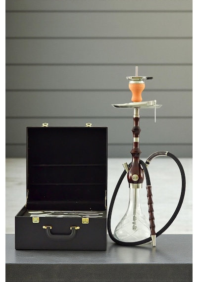 Özel Taşıma Çantalı Doğal Ahşap Gövdeli Tam Tahliye Sistemli Premium Nargile Takımı 75 Cm.