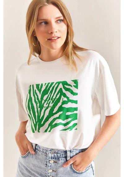 Baskılı Basic Bisiklet Yaka Örme T-shirt Önü Yeşil