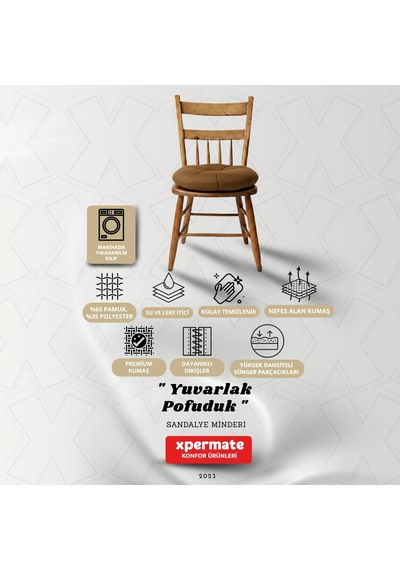 Pofuduk Yuvarlak Sandalye Minderi Mutfak, Balkon, Bahçe Dekoratif Oturma Minderi Yumuşak Dolgu Kahverengi