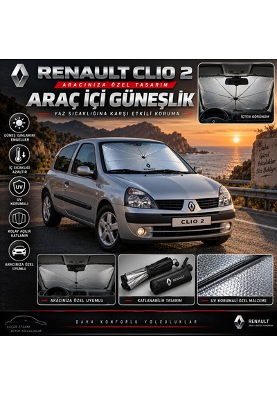 Renault Clio 2 Araç Ön Cam Güneşliği Katlanabilir Şemsiye Oto Güneşlik Uv Korumalı Gölgelik Araba Oto Şemsiyesi