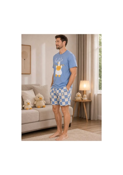 Pijamask Erkek Baskılı Şortlu Pamuklu Yazlık Pijama Takımı Mavi
