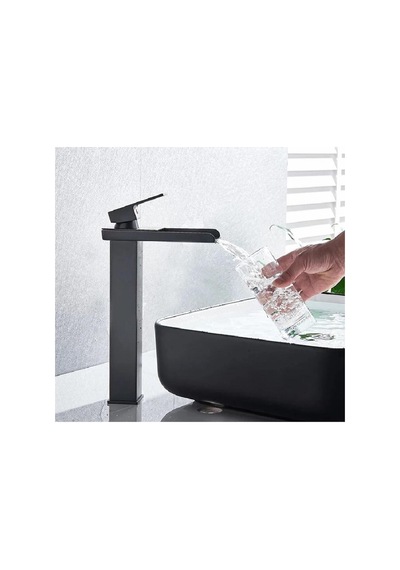 Rena Design Siyah Çanak Lavabo Bataryası Havza Model Uzun/yüksek Lavabo Musluğu Çift Girişli Armatür Inox