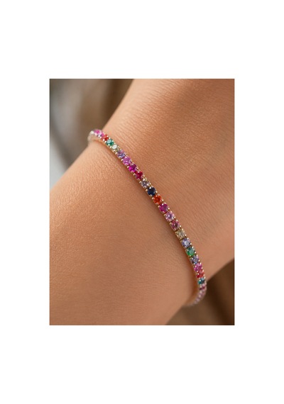 Color Gümüş Çerçeveli Rainbow Renkli Zirkon Taş Detaylı Silver Lastikli Bileklik Çok Renkli