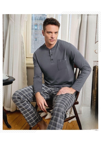 Pijamoni Erkek Düğme Yaka Uzun Kol Mevsimlik Pijama Takımı 6800/11 - 1 Adet Füme
