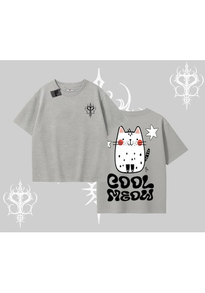 Tarzsokak Cool Meow Yazılı Sevimli Kedi Arka Baskılı Oversize Tshirt Gri