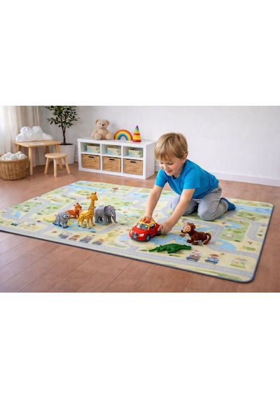 Pureza Çift Taraflı Rulo Oyun Matı 200CMX140CMX1CM Kaymaz, Darbe Emici, Su Geçirmez, Yeşil Parkur/Araba Yarışı | (Yerli Üretim)