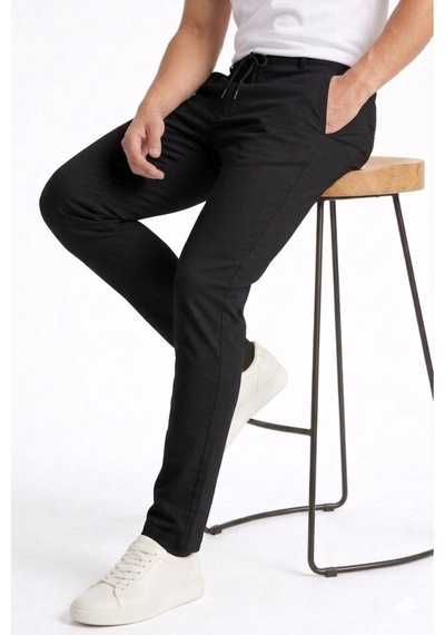 Bürke Erkek Siyah Renk Bel Lastikli Likralı Esnek Dar Kalıp Slimfit Pantolon