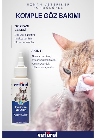 Veturel Kedi Göz Temizleme Solüsyonu Akıntı Alerji Kızarıklık Gözyaşı Lekesi 100ml Disk Pamuk 50li