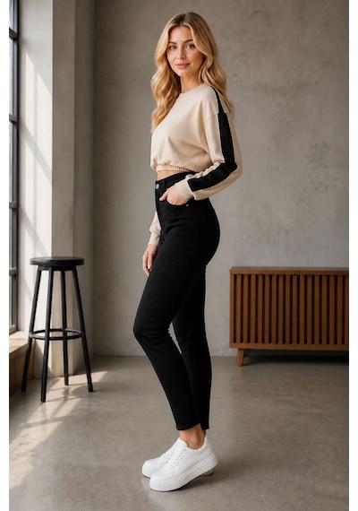 Woddi Ada Kadın Siyah Mom Likralı Jean Kot Pantolon New-1