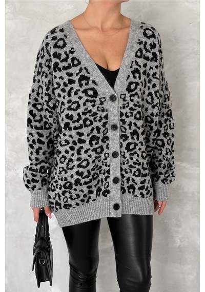 Femelle Kadın Gri Leopar Desen Oversize Triko Hırka