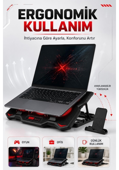 Fury E-sport Laptop Soğutucu 6 Fanlı Lcd Kontrol Panel Ayarlanabilir Dizüstü Bilgisayar Soğutma Fanı