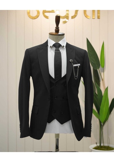 Beystil Sivri Yaka Siyah Takım Elbise Petek04 - Slim Fit Siyah