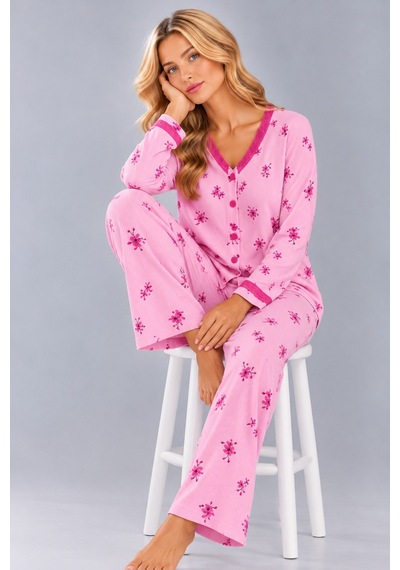 Pijamask Kadın Çiçek Ve Kelebek Desenli V Yaka Düğmeli Uzun Kollu Kaşkorse Pijama Takımı Pembe-15 Pijamask Kadın Çiçek Ve Kelebek Desenli V Yaka Düğmeli Uzun Kollu Kaşkorse Pijama Takımı Pembe-15