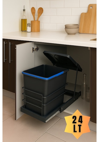 Almital Dolap İçi Teleskopik Raylı Antrasit Çöp Kovası 24 Litre, Minimum Kapak Genişliği 45 Cm. -9037832206103 Antrasit