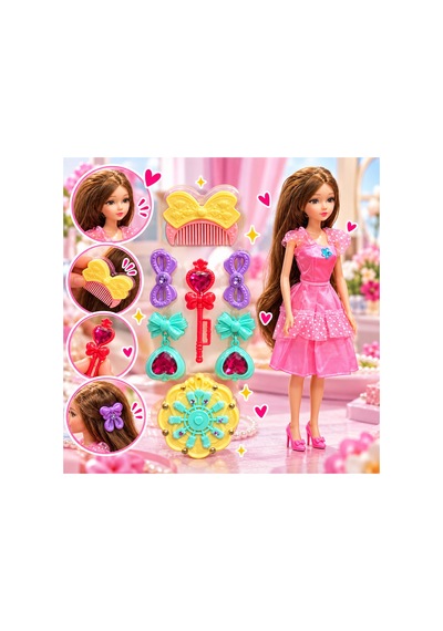 Aksesuarlı Oyuncak Bebek Seti, Saç Aksesuarları Dahil Pembe - 928050743
