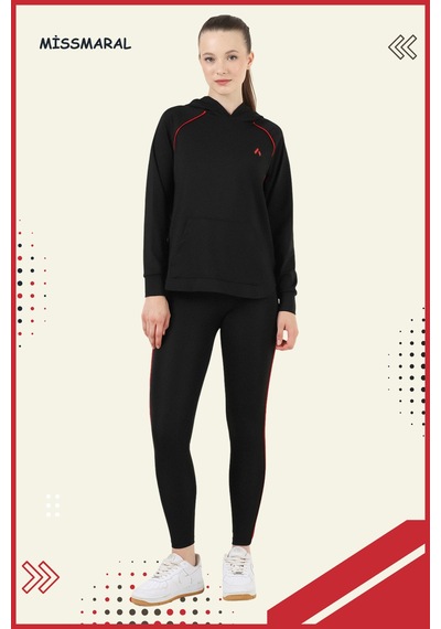Kadın Eşofman Takım Siyah Üst Tunik & Siyah Regular Fit Lycralı Tayt Dalgıç Kumaş Aktif Spor 3060 Siyah Kırmızı Şeritli