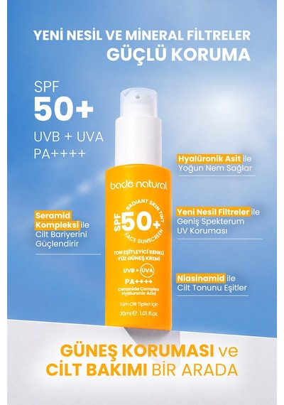 Bade Natural Ton Eşitleyici Renkli Yüz Güneş Kremi SPF50+ 30 ML