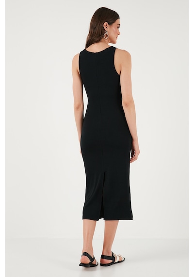 Lela Fitilli Slim Fit Bisiklet Yaka Yırtmaçlı Midi Boy Bayan Elbise 5866101 Siyah