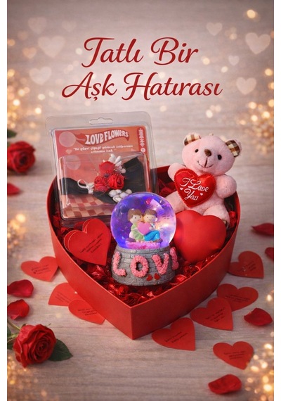Sevgiliye Romantik Hediye Kutusu Işıklı Kalp Ve Kar Küresi Peluş Ayıcık Ve Gül Buketi Hediye Seti 01 Çok Renkli