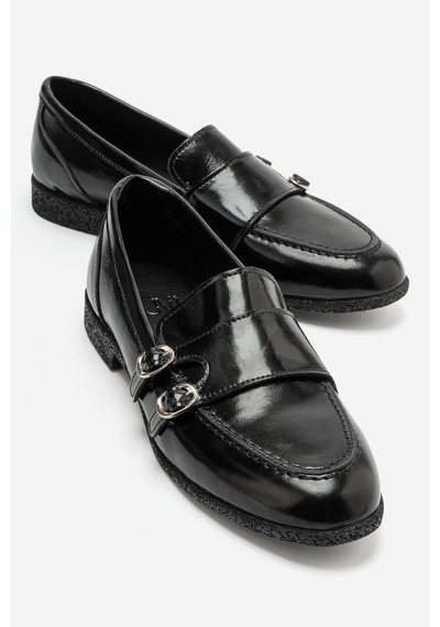 Luvi Shoes Daly Siyah Kırışık Rugan Hakiki Deri Tokalı Kadın Loafer Ayakkabı