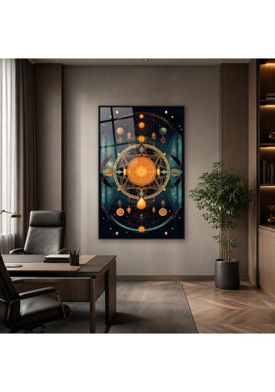 Turuncu Turkuaz Kozmik Geometri Siyah Çerçeveli Cam Tablo