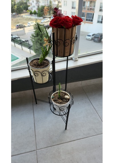 3 Hazneli Metal Bitki Standı / Çiçeklik - 18 Cm Saksı Uyumlu - Si