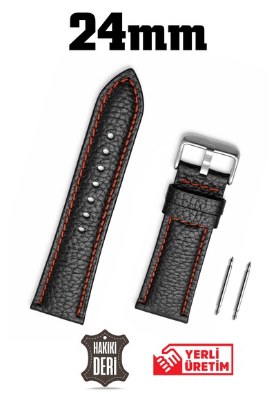 24mm Siyah Floter Hakiki Deri Saat Kordonu Kayış Kırmızı