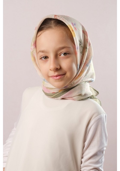 Hürrem Bone Haki Dijital Baskılı Çocuk Tesettür Eşarp Pamuk Polyester Çiçek Desenli 6002 09 Haki