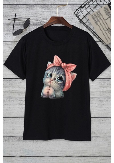 Unisex Sevimli Kedi Baskılı Tasarım T-shirt SIYAH