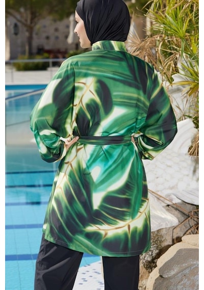 Estiva 26968 Siyah Emerald Flow Tam Kapalı Pantolonlu Kuşak Detaylı Tesettür Mayo
