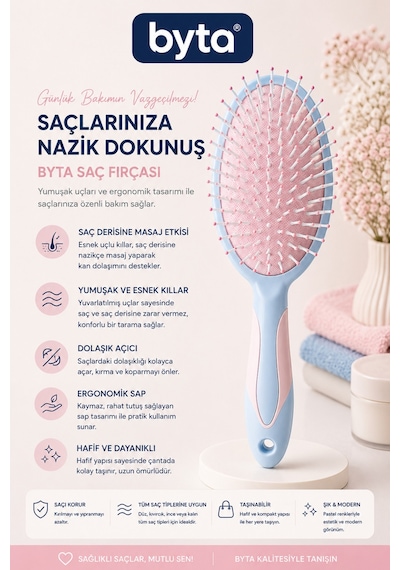 Profesyonel Saç Açma Fırçası Yumuşak Esnek Uçlu, Saç Derisine Masaj Etkili Ergonomik Saç Tarağı