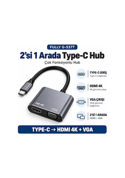Fully 2 İn 1 Type-c To Hdmı 4k +vga Çok Fonksiyonlu Hub