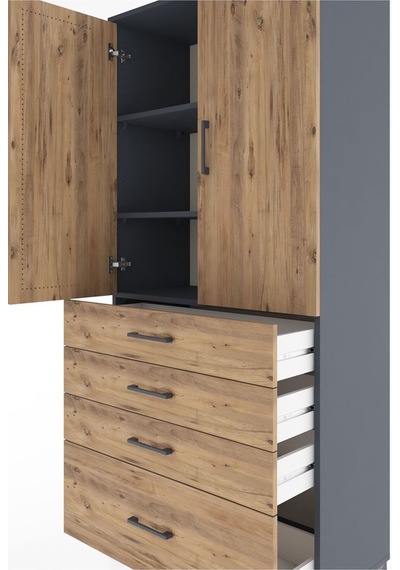 Hyperion Dolap 3 Raflı 4 Çekmeceli 2 Kapaklı 88x44x195 Antrasit-çam Antrasit
