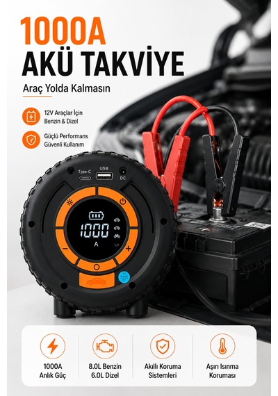 Akü Takviye Cihazı 1000a Jump Starter 150 Psı Lastik Şişirme Kompresörü Powerbank Led Fener