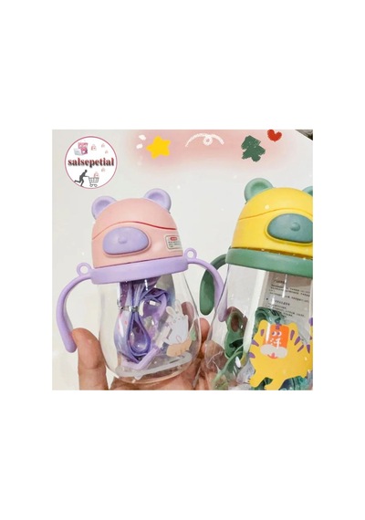 250ml Ayıcık Figürlü Pipeti Suluk Bebek Matara Askılı Sevimli Su Şişesi Bebek Pipetli Biberon Matara Sarı