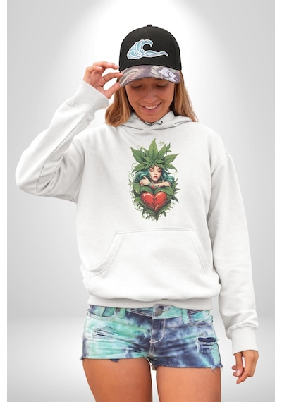 Kalp Parmak Kız Yeşillik Mutluluk Kadın Erkek Beyaz Kapüşonlu Sweatshirt Hoodie Beyaz