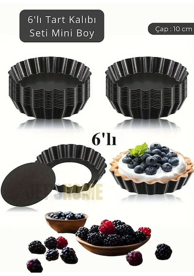 6 Lı Set Mini Boy Tart Kalıbı Çıkartılabilir Tabanlı Turta Kalıbı Karbon Çelik Kek Kalıbı 10 Cm Siyah