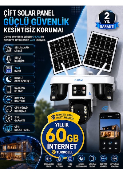 Okam 335 Premıum 4g Solar Güvenlik Kamerası Sım Kartlı 7/24 Kayıt Turkcell 60 Gb Data Hattı Yanında