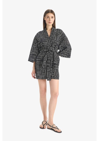 Defacto %100 Pamuk Regular Fıt Desenli Kuşaklı Kimono D0453AX24SM Siyah
