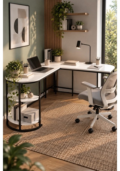 Sulorahome Tipi Köşe Çalışma Masası 2 Raflı Beyaz