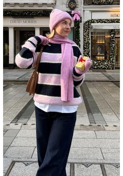 Madmext Pembe Bisiklet Yaka Çizgili Triko Kazak Mg2643 Pembe