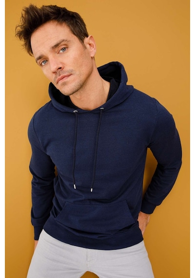 Igs İgs Erkek Lacivert Modernfıt / Ekstra Dar Kalıp Kapşonlu Fermuarsız Sweatshirt Lacivert