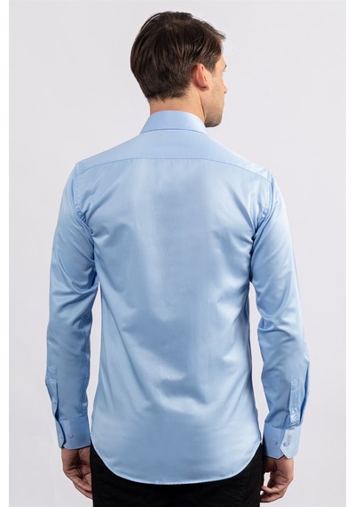 Tudors Modern Slim Fit Düz Saten Erkek Gömlek-23056 Mavi