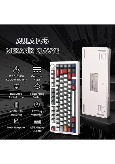 F75 Mekanik Rgb Tkl Graywood V4 Switch Kablosuz Makrolu Hot Swap Türkçe Q Klavye Comic