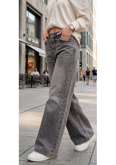 HLT Jeans Gri Kar Kadın Wide Leg Jean %100 Pamuklu Yüksek Bel Palazzo Kot Pantolon Angel-2050 Kar Yıkama