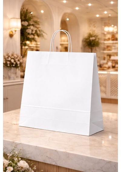 Burgu Saplı Kraft Çanta Beyaz Kağıt Poşet Butik Mağaza Hediye Tatlı Torbası 40x16x48 Cm 50li