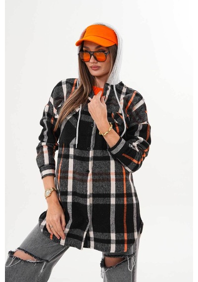 Polologin Butik Kadın Oduncu Siyah Beyaz Turuncu Çizgi Detaylı Kapşonlu Gömlek Turuncu