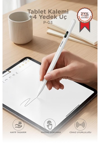 Tablet Kalemi Hassas Dokunmatik Çizim Ve Yazım Kalemi 4 Yedek Uçlu P03 Beyaz